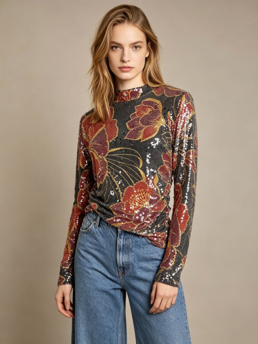 NWT Farm Rio Shiny Chita Tulle Sequins Floral Multicolor Blouse Size S